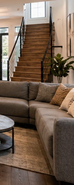 Renovated wooden staircase with black railing